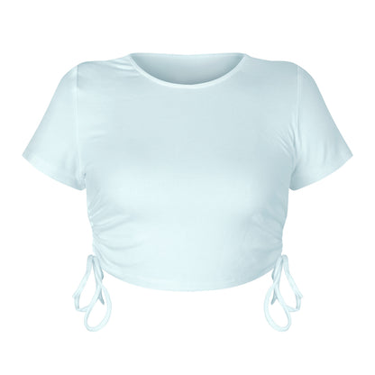 T-shirt manches courtes col rond pour femme, haut court et Sexy à rayures avec cordon de serrage, à lacets, été