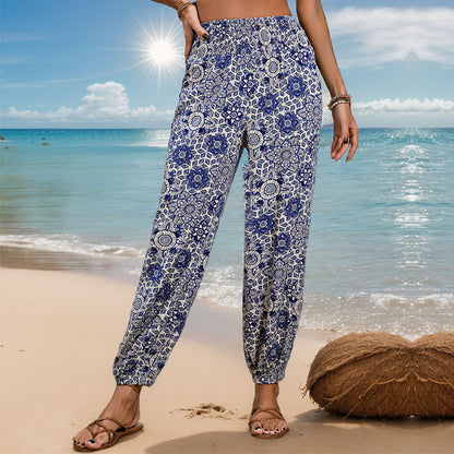 Pantalones de mujer con fruncido de cintura alta, pantalones étnicos estampados para vacaciones de verano