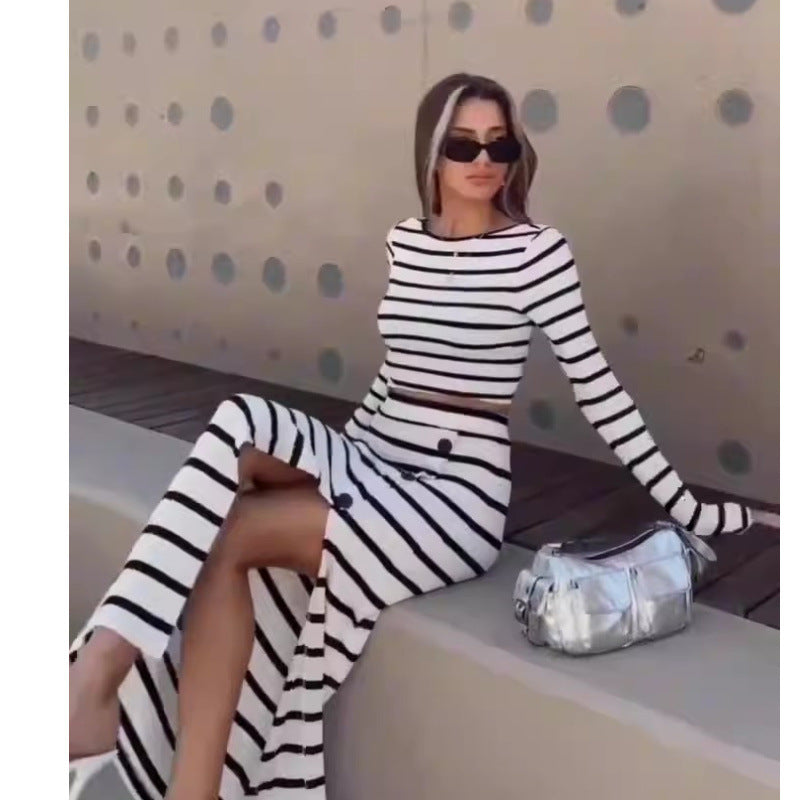 Autumn Classic Black White Stripes Long Sleeve Short Top Button Skirt Set