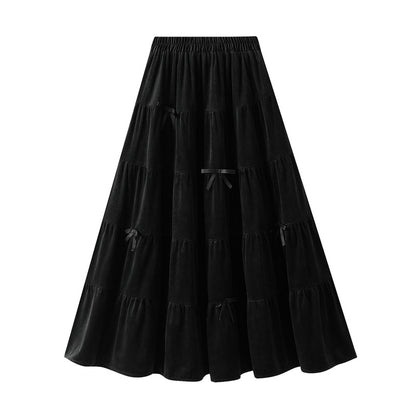 Bow Velvet Skirt Women Autumn Winter High Waist Cover Slim A line Large Hem Umbrella Skirt