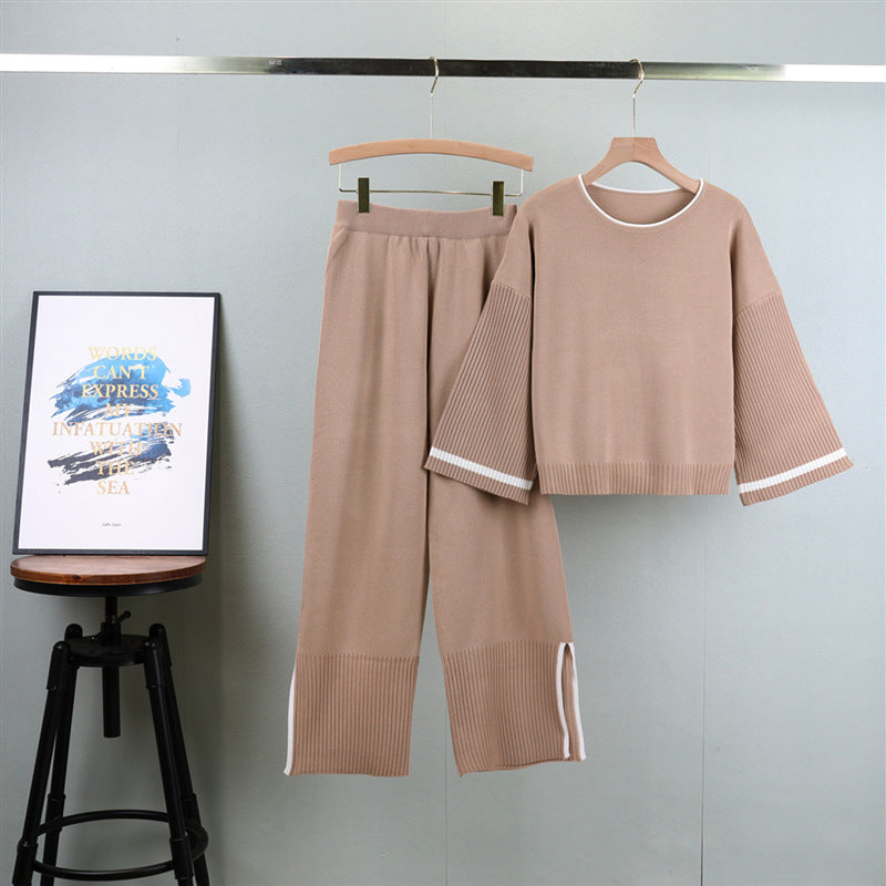 Autumn Winter Suit Knitted Wide Sleeve Top Wide Trousers Two Piece Suit Slimming