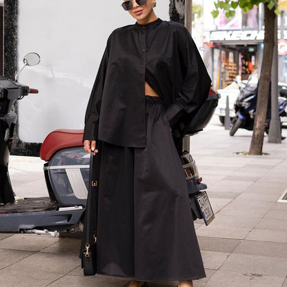 Early Autumn Lazy Wind Casual Stand up Collar Long Sleeved Shirt Wide Leg Pants Loose Two Piece Set