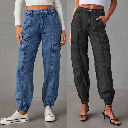 Cargo Jeans Women Autumn Casual Elastic Waist Ankle Tied Loose Women Pants