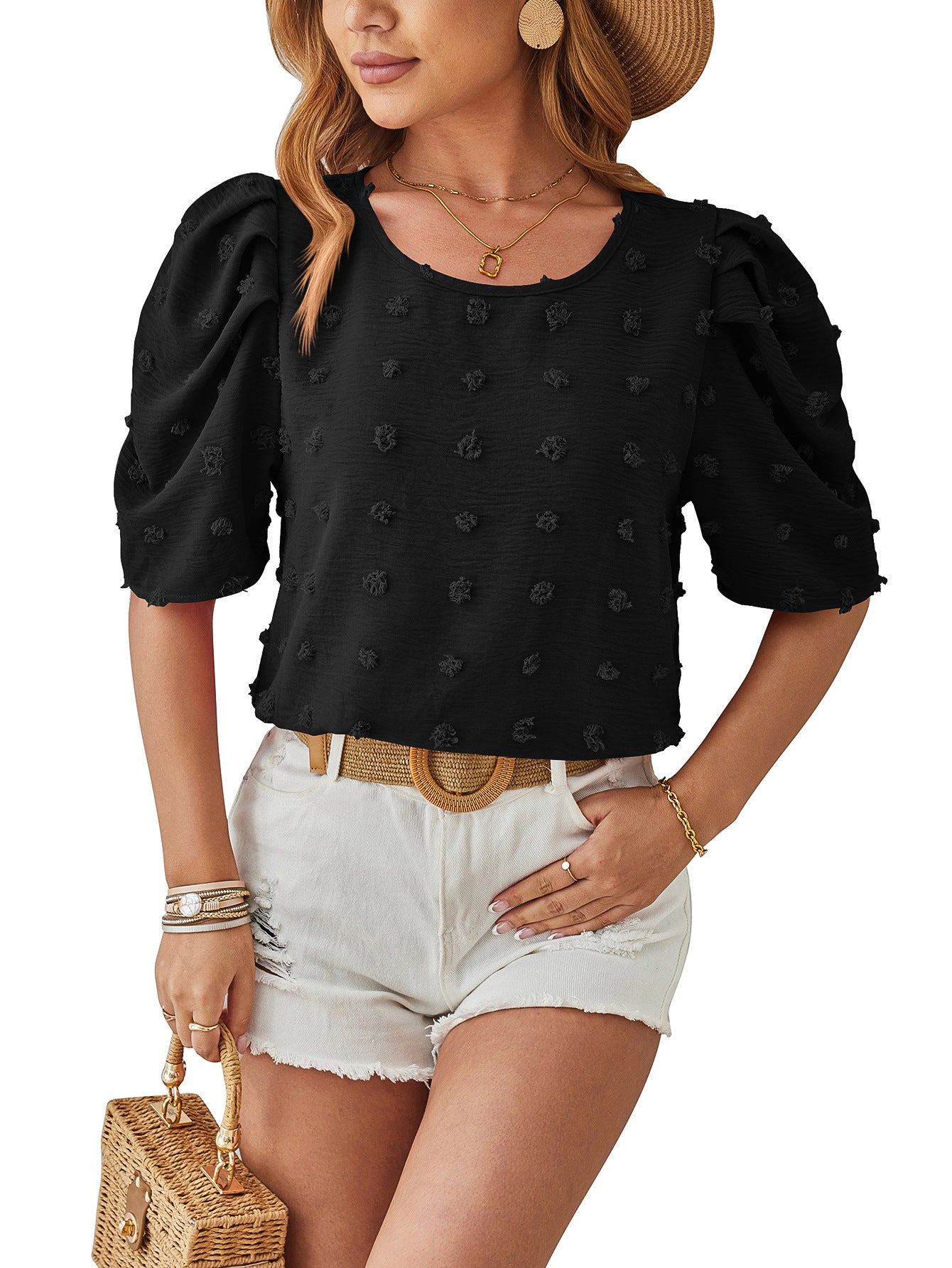 Ropa de mujer Primavera Verano Mujer Jacquard Fur Ball manga corta cuello cuadrado Smocking Top