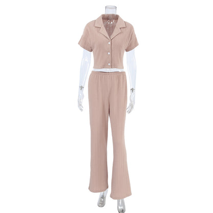 Women's Fashionable Simple Solid Color Short-sleeved Trousers Pajamas Two-piece Set