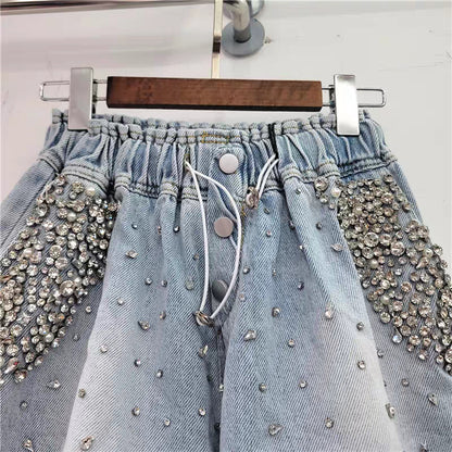 Pantalones cortos de mezclilla de cintura alta para mujer, con diseño de estrellas y diamantes, de Heavy Industry