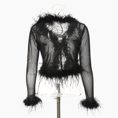 Autumn Ostrich Feather Stitching Hand Sewing Sheer Mesh Slim Fit Sexy Top