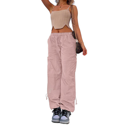 Women Clothing Loose Tied Multi Bag Straight Stretch Workwear Casual Pants