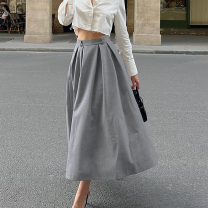 Autumn Senior Gray Office Wear Casual High Waist Slim Fit Pleated A Swing Skirt Long Skirt