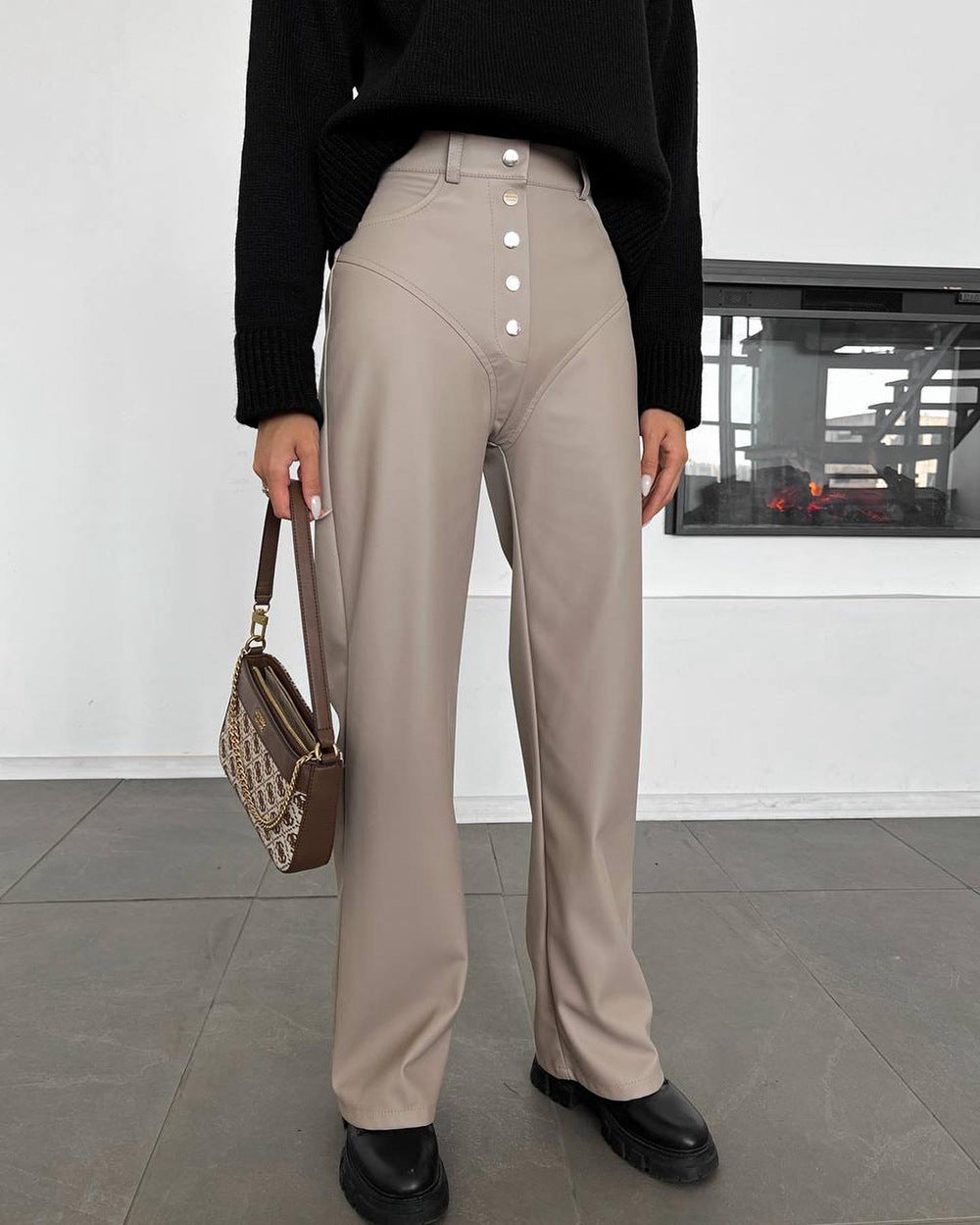 Pantalones de cuero con costuras de cintura alta para mujer, otoño e invierno, pantalones casuales para mujer, pantalones de cuero