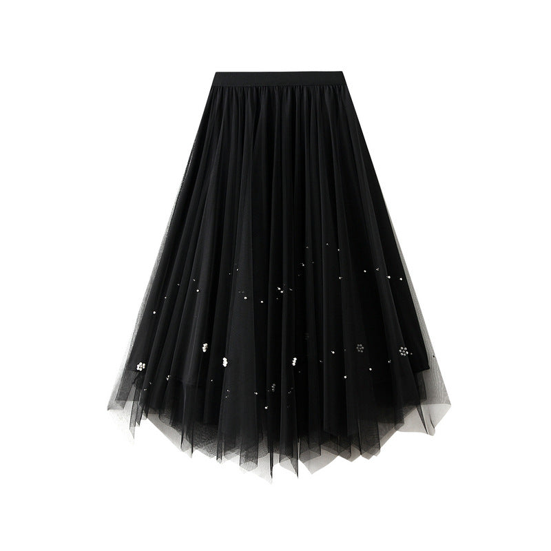 Beaded Mesh Skirt Women High Waist Slimming Irregular Asymmetric Pleated Skirt Mid Length A Line Skirt