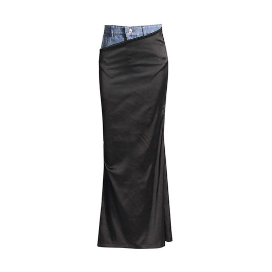 Autumn Trendy High Waist Denim Stitching Long Slit Swing Sheath Skirt