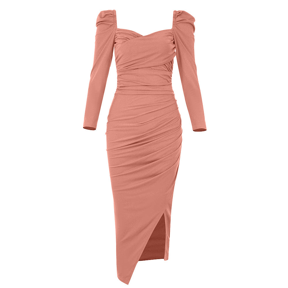 Robe bustier tubulaire à manches longues, coupe cintrée, dos nu, plissée, robe de soirée pour femmes