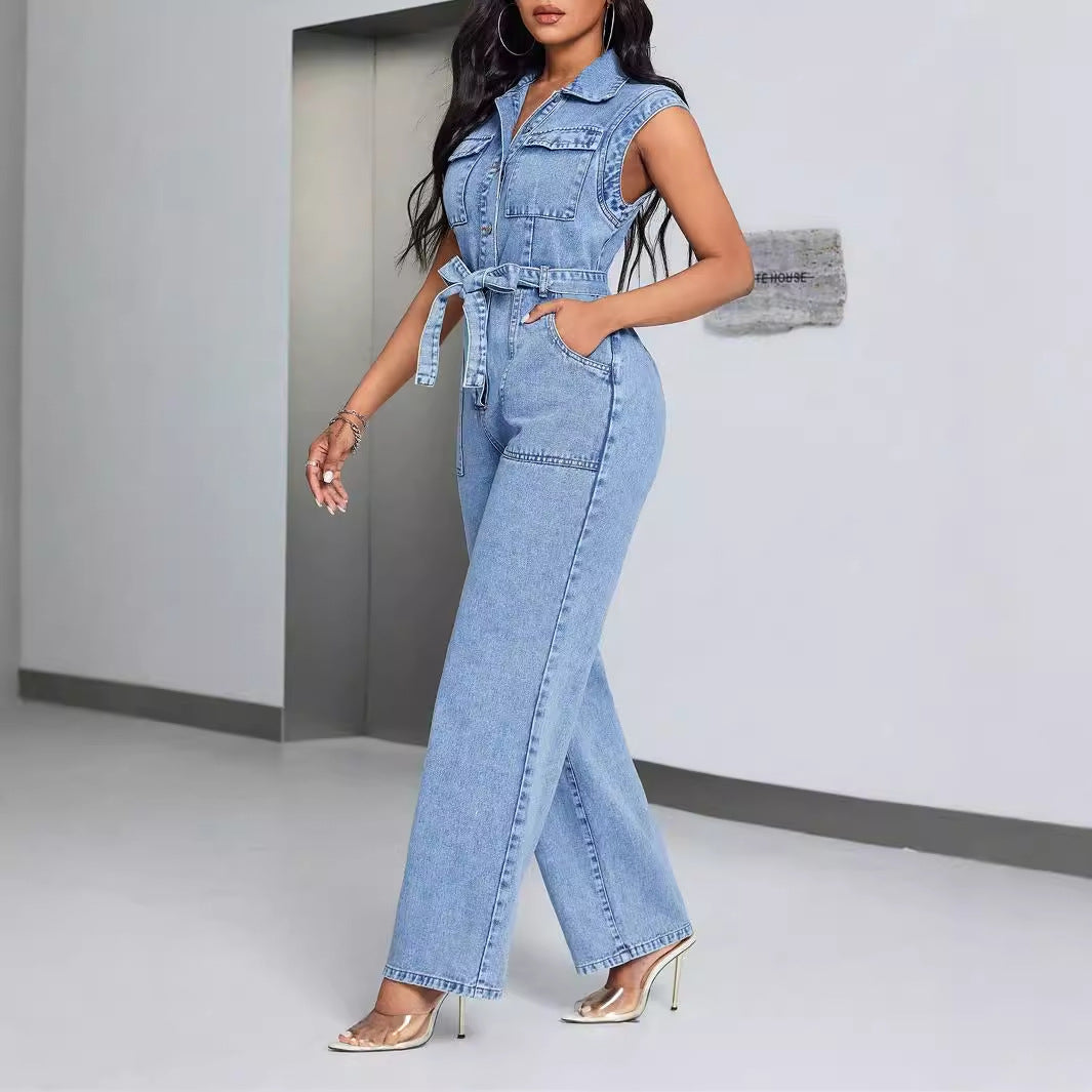 Denim Women Wear Sleeveless Casual Jumpsuit Trousers Jeans