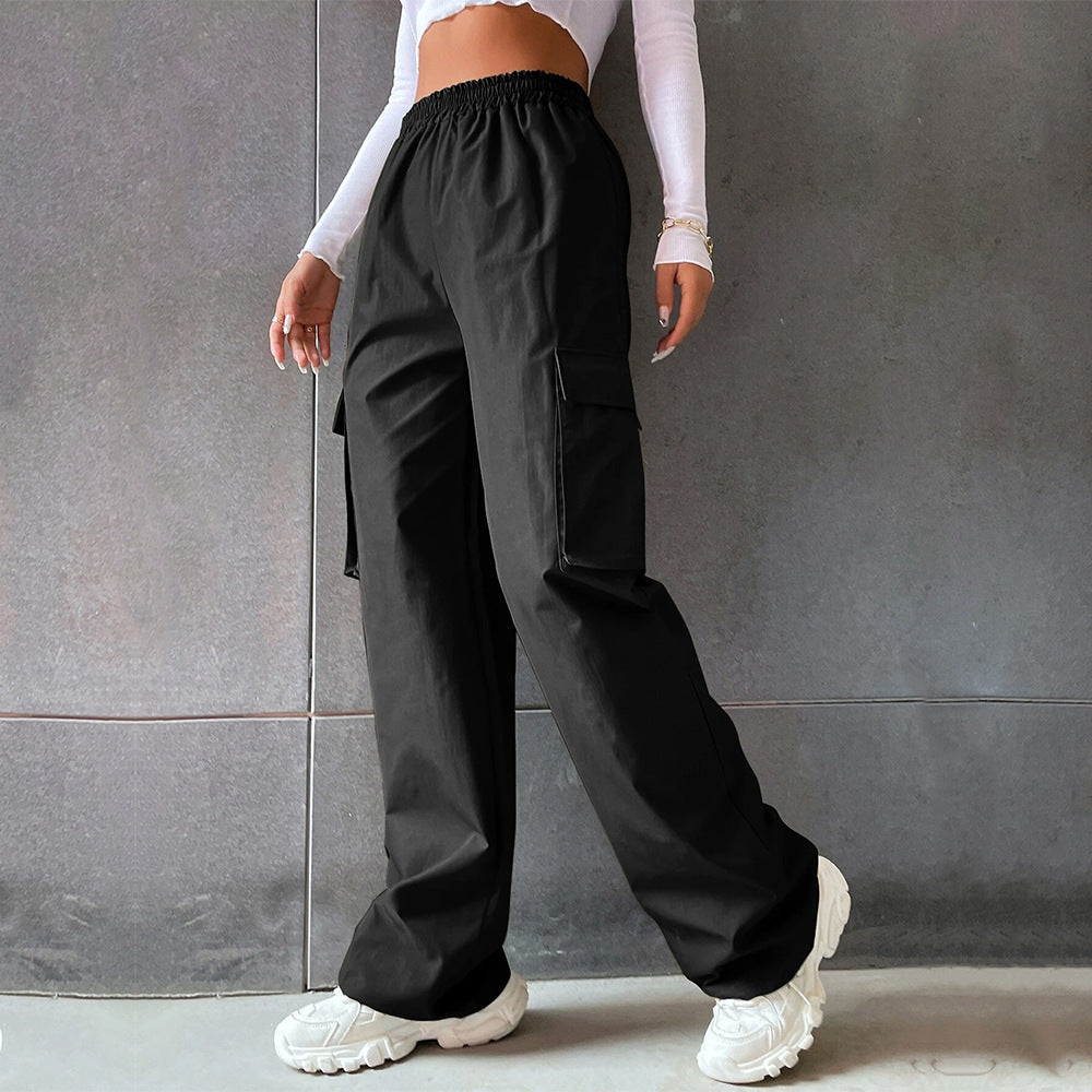 Women Clothing Street Solid Color Elastic Waist Pocket Casual Working Pants