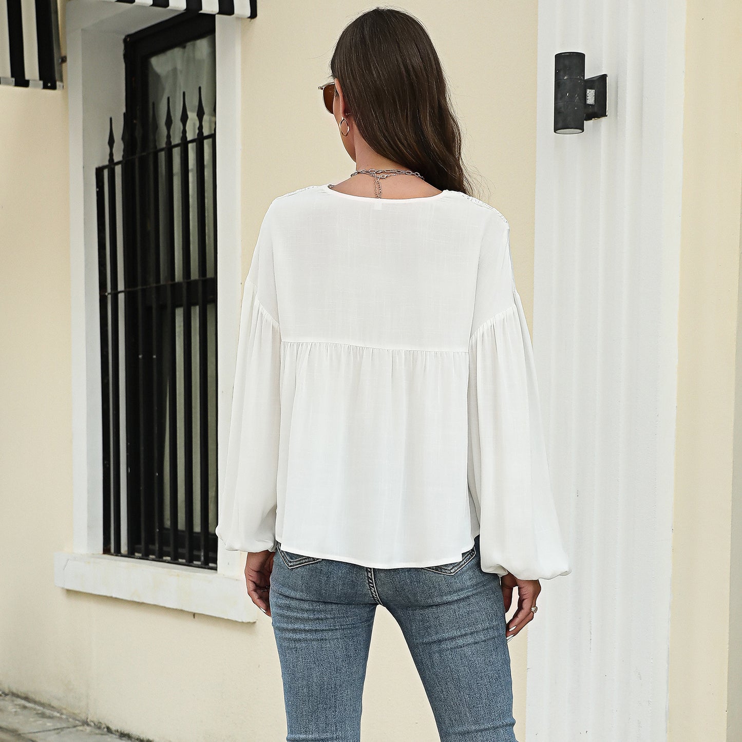 Autumn Winter Solid Color Pullover Lantern Sleeve Chiffon Shirt Top