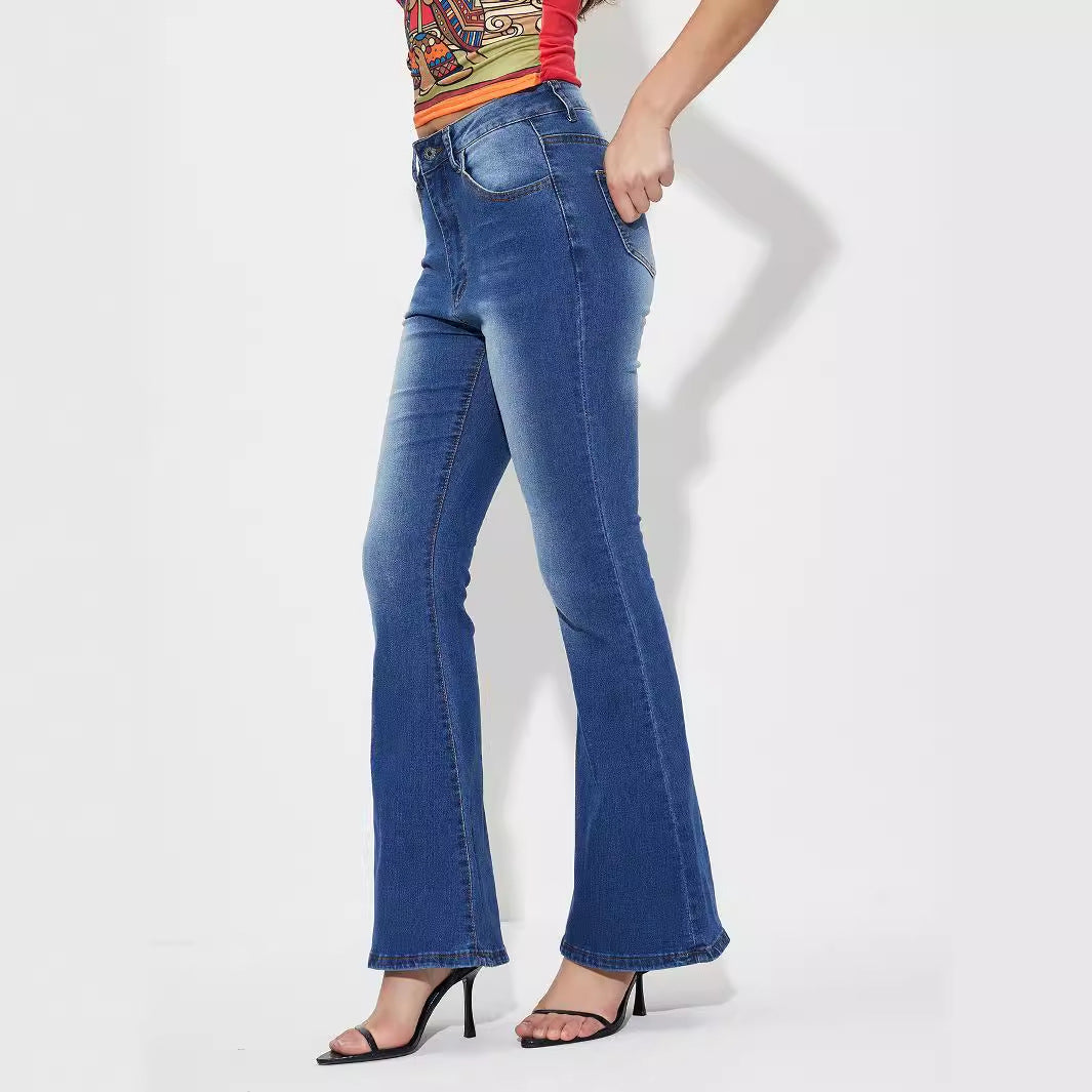 Women Clothing Casual All Match Horn High Elastic Denim Trousers