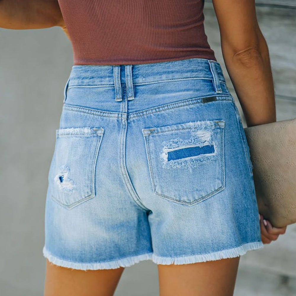 Women Clothing New Hole Patch Tassel Special One Breasted Denim Shorts Pants