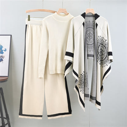 Autumn Winter Classic British Big Brand Imitation Knitted Scarf Women Shawl Dual Use Shawl Cape Three Piece Set