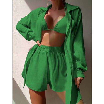 Beach Vacation Solid Color Shirt Suit Sexy Loose Sun Protective Clothing Casual Beach Swimsuit Blouse