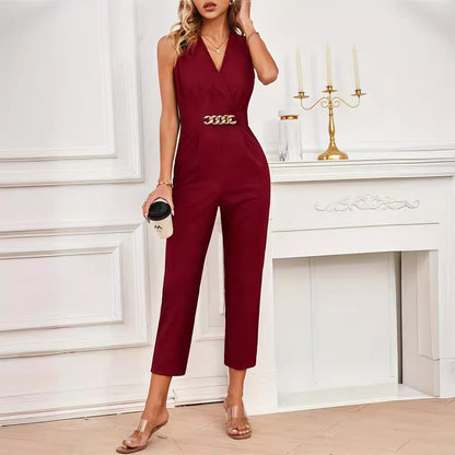 Elegant Cross Collar Golden Buckle Chain Solid Color Office Skinny Sleeveless Casual Pants Jumpsuit Women Pants