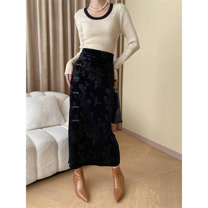 Cheongsam Frog Button National Bamboo Jacquard Thickened Side Slit Velvet Skirt