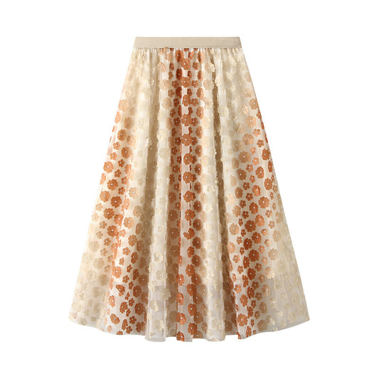 Exquisite Embroidered Floral Tulle Skirt Spring Summer Long Umbrella Skirt A Line Skirt Fluffy Umbrella Skirt