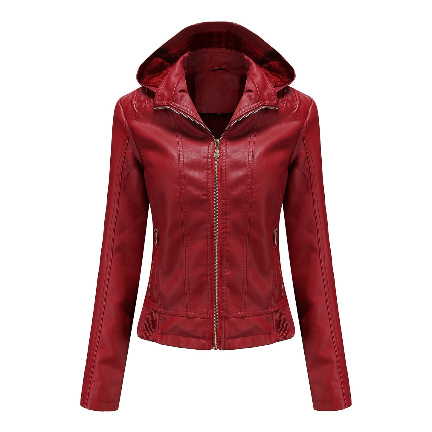 Manteau en cuir à capuche automne-hiver pour femme, chapeau amovible, manches longues, fermeture éclair, doublure polaire, veste en cuir, manteau mince