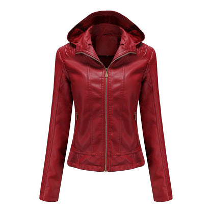 Manteau en cuir à capuche automne-hiver pour femme, chapeau amovible, manches longues, fermeture éclair, doublure polaire, veste en cuir, manteau mince