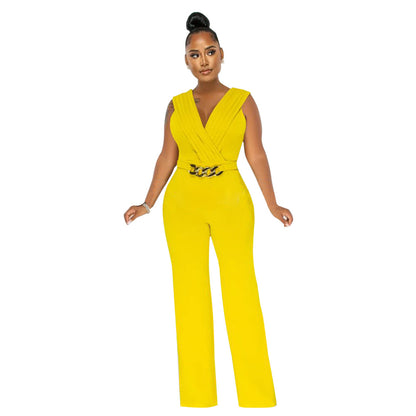 Women Clothing Women Wear Solid Color Loose Slim Casual Sleeveless Jumpsuit