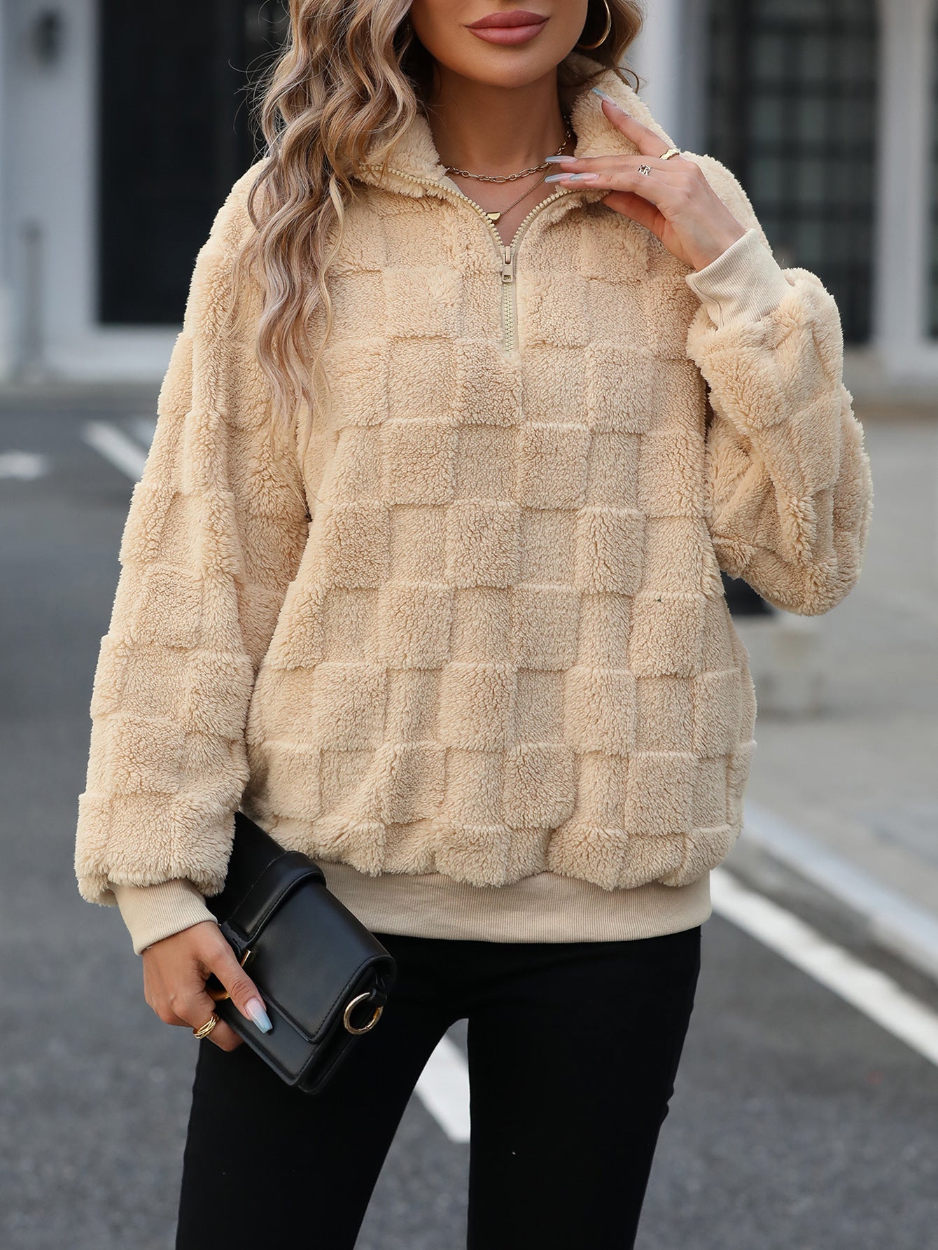 Suéter de felpa con cuadros holgados y cuello alto con media cremallera para mujer Otoño Invierno