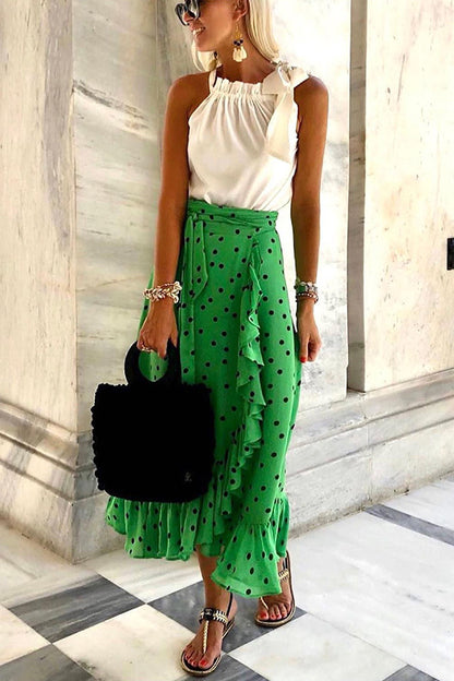 Summer Ruffles Lace up Street Printing Mid Length Skirt for Women