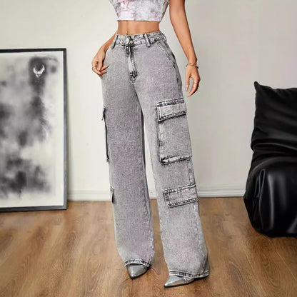 Ropa de mujer Pantalones vaqueros de verano para mujer Pantalones rectos de cintura alta adelgazantes holgados con bolsillos informales