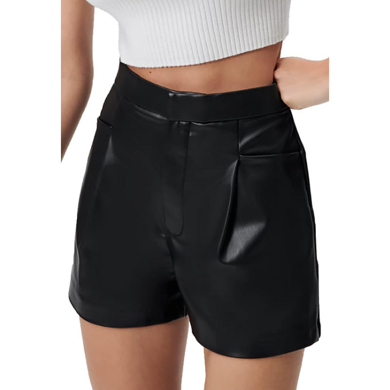 Women Clothing High Waist Faux Leather Pant Belt Pocket Shorts Women Sexy Casual Pants High End