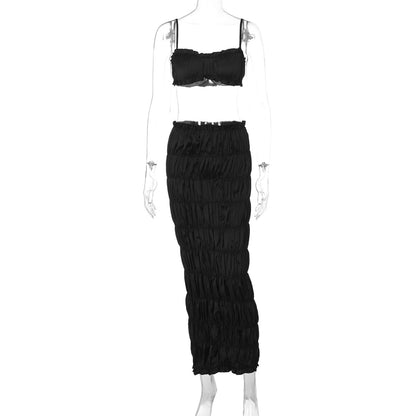 Women Clothing Summer Sexy Tube Top Strappy Slim Pleated Skirt Women Sets