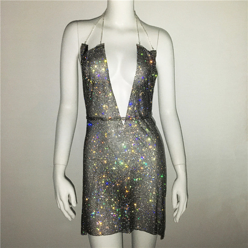 Ropa de mujer, vestido Popular de Metal con diamantes de imitación, vestido Sexy para fiesta y discoteca, vestido Halter para mujer