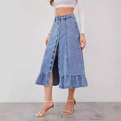 Denim Skirt Women High Waist A line Slimming Cover Fishtail Ruffled Sexy Long Skirt