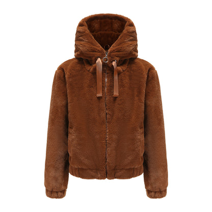 Manteau en peluche pour femme, automne hiver, capuche, manches longues, vêtements chauds en coton, couleur unie, haut court