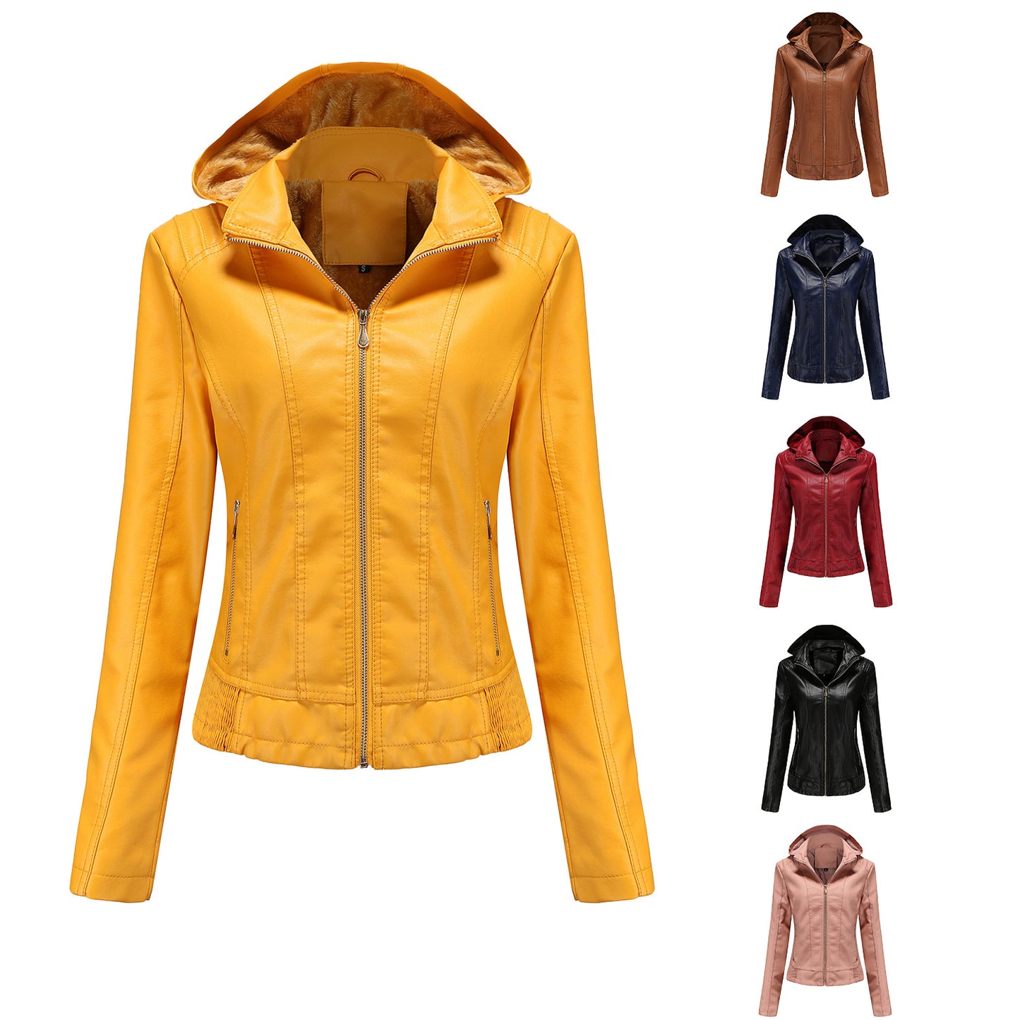 Manteau en cuir à capuche automne-hiver pour femme, chapeau amovible, manches longues, fermeture éclair, doublure polaire, veste en cuir, manteau mince