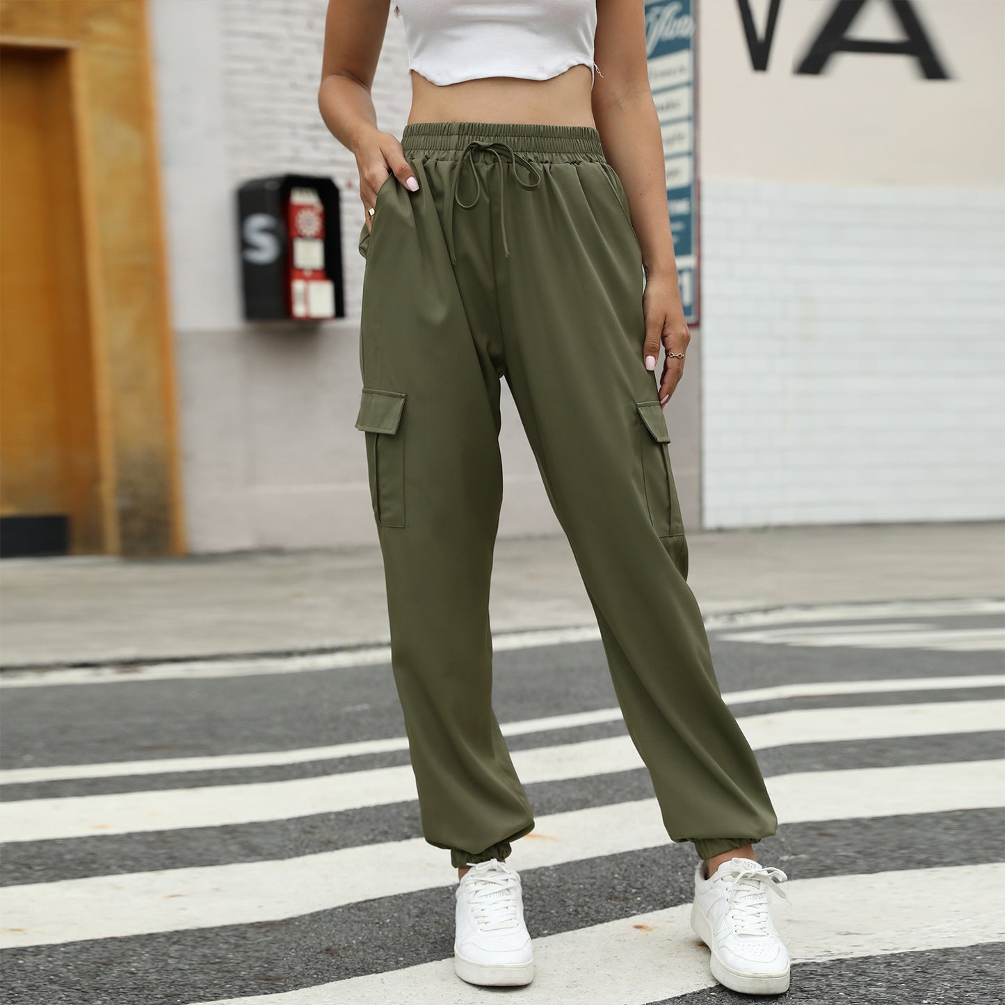 Autumn Winter Lacing Loose Cargo Pants Casual Pocket Ankle-Tied Trousers