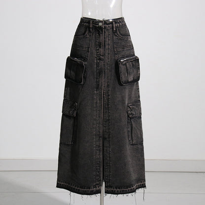 Brand Workwear Bag Skirt High Waist Front Slit Design Denim Solid Color Women Skirt