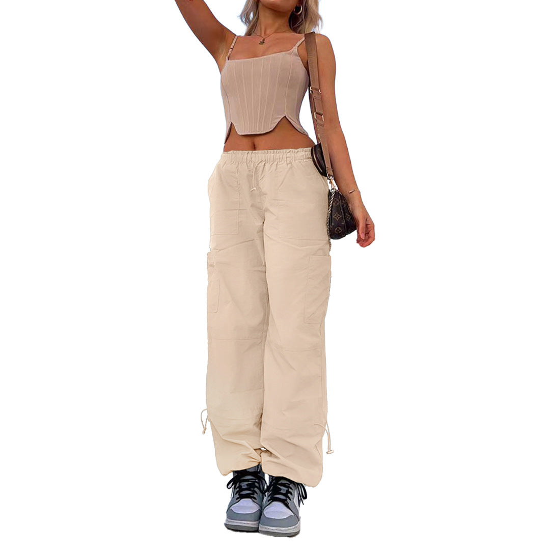 Women Clothing Loose Tied Multi Bag Straight Stretch Workwear Casual Pants