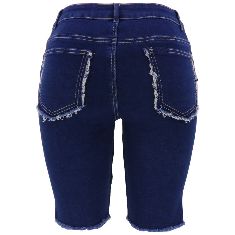 Mode cinq points Denim femmes pantalons nouveau haute élastique hanche levage Patchwork pantalon populaire