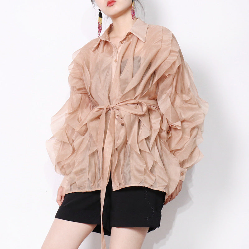 Elegant Special Interest Design Spring Collared Long Sleeve Personalized Ruffled Long Sleeve Waist Tight Solid Color Women Shirt