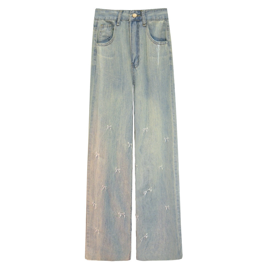 Women Bow Jeans Summer Pants Small Distressed Figure Flattering High Waist Loose Wide Leg Pants