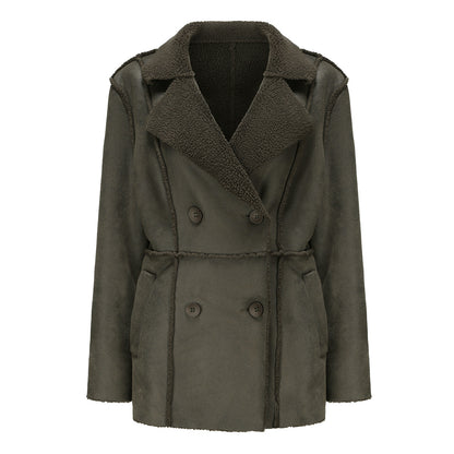 Veste en fausse peau de mouton avec col en velours et manteau en cuir pour femme, manteau mi-long pour automne et hiver, manteau en daim pour femme