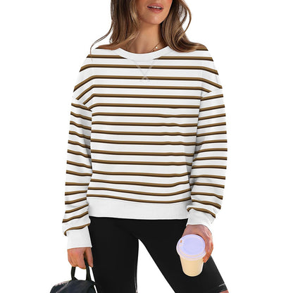 Women Clothing Autumn Winter Loose Casual Striped Long Sleeve Short Sweater for Women