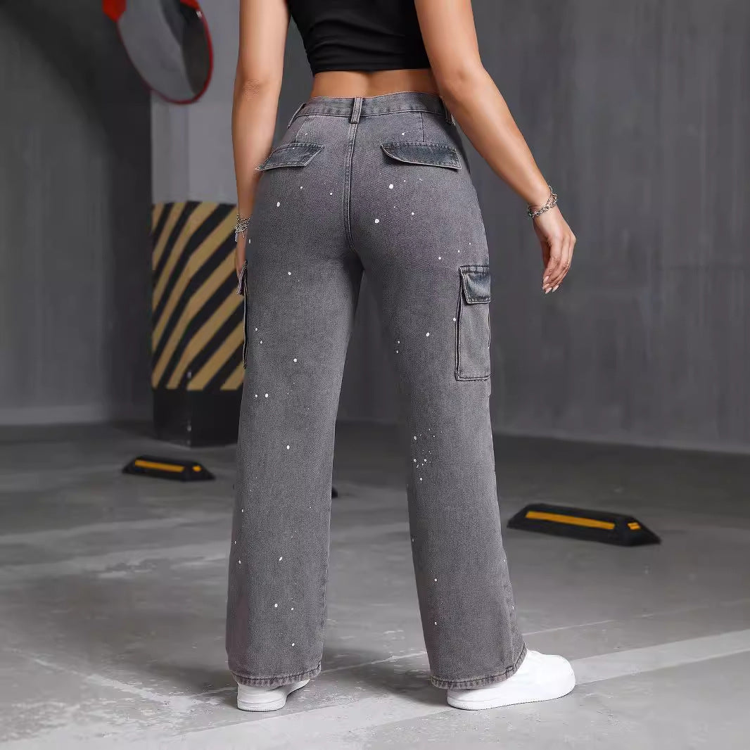 Pantalones cargo de mezclilla de verano para mujer, pantalones de pierna recta con bolsillos grandes, estampado de salpicaduras de tinta de calle