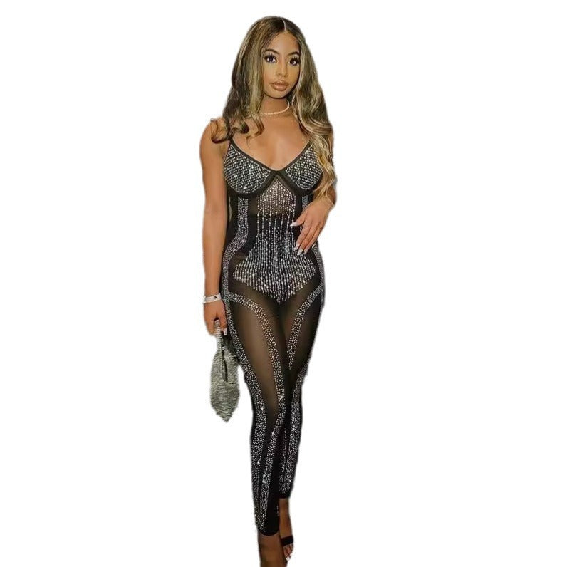 Drilling See Through Sling Stretch Slim Fit Bodysuit