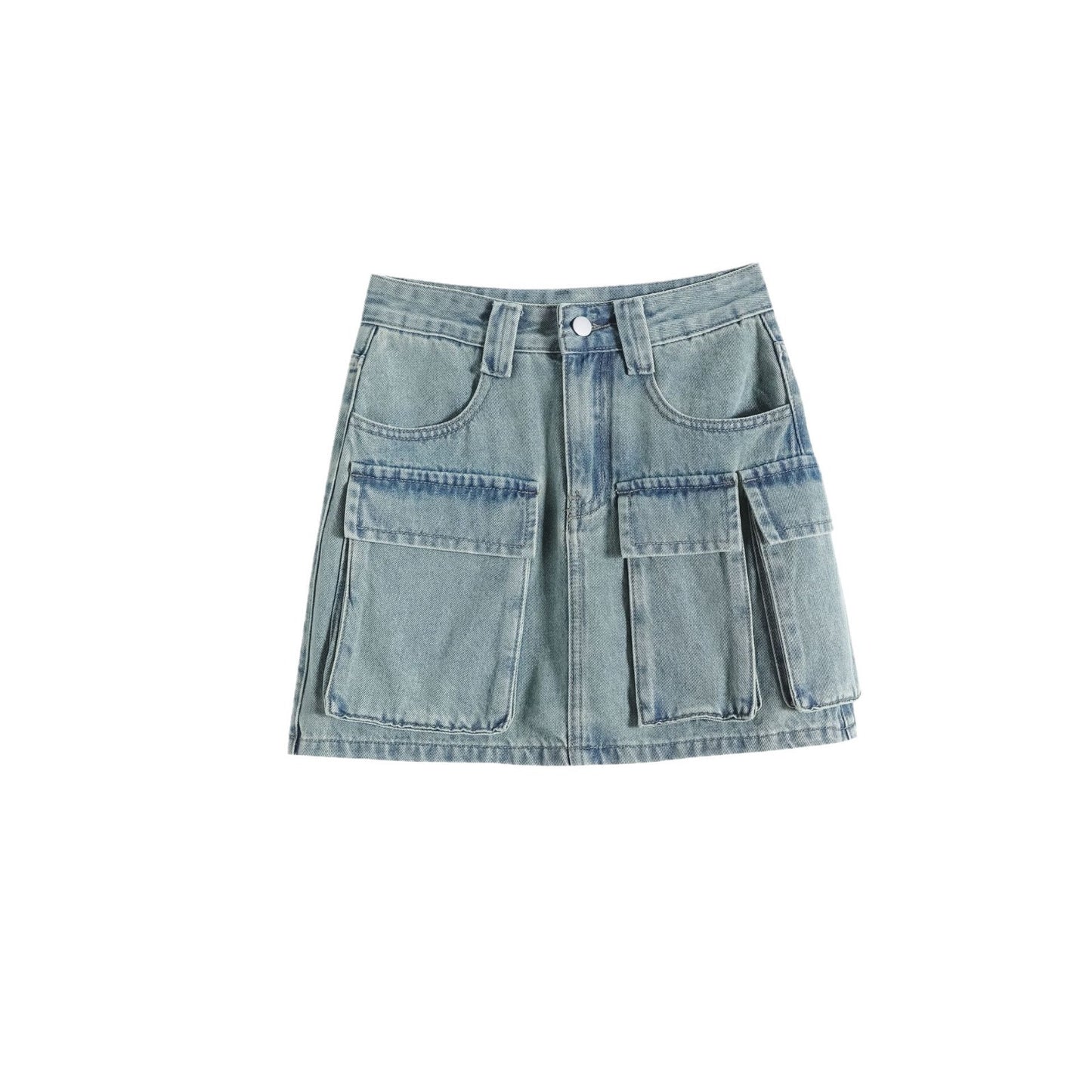 Denim Cargo Pants Shorts Emerald Blue High Waist Slimming Denim Skirt Cargo Pocket Pantskirt